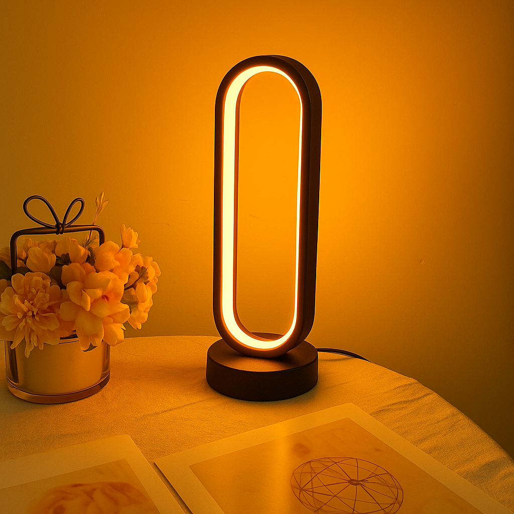 LED oval-shaped desk lamp emitting warm amber light, displayed on a table beside yellow flowers and decorative items.