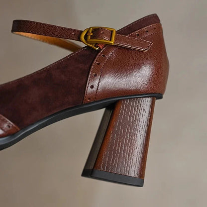 Women's Square Toe Leather Block Heel Pumps
