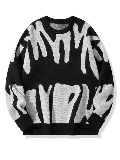 Black and white oversized wool knit men's sweater with bold abstract graffiti-style pattern, crew neck, long sleeves