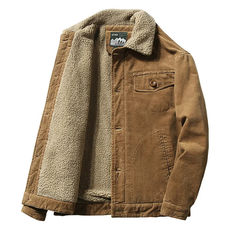 Men's brown corduroy sherpa-lined jacket with fleece collar and chest pocket displayed open front view