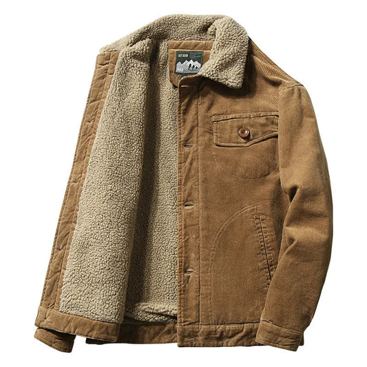 Men's brown corduroy sherpa-lined jacket with fleece collar and chest pocket displayed open front view
