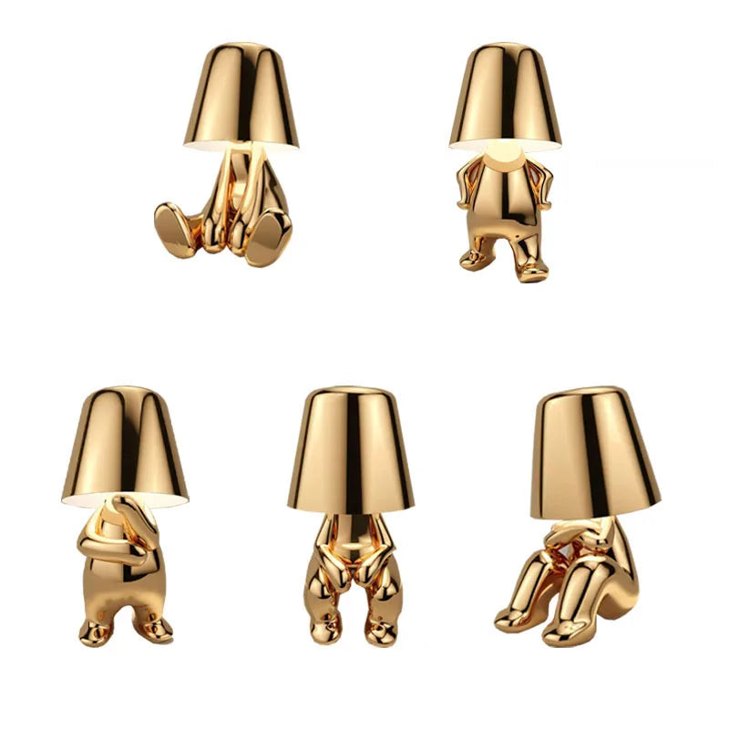 Gold dog figurine dimmable desk lamp in 5 playful poses with lampshade heads for decorative ambient lighting