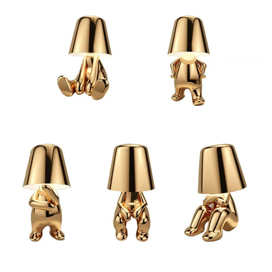 Gold dog figurine dimmable desk lamp in 5 playful poses with lampshade heads for decorative ambient lighting