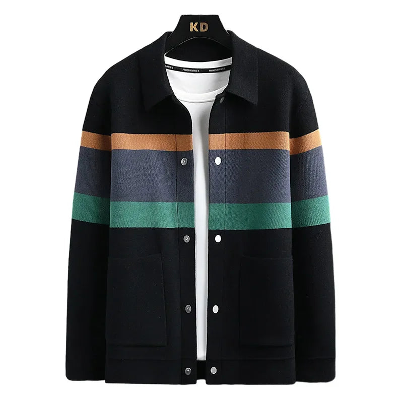 Black men's striped wool blend cardigan with orange, navy, green accents, magnetic buttons, and front pockets on hanger