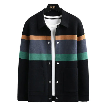 Black men's striped wool blend cardigan with orange, navy, green accents, magnetic buttons, and front pockets on hanger