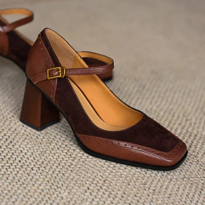 Women's Square Toe Leather Block Heel Pumps