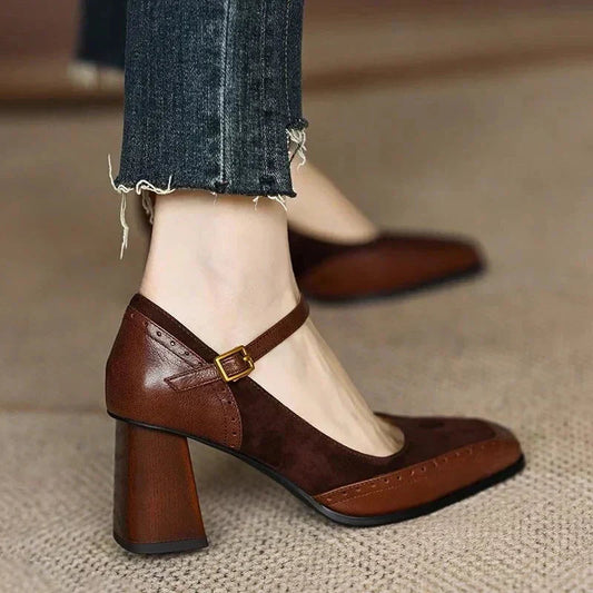 Women's Square Toe Leather Block Heel Pumps