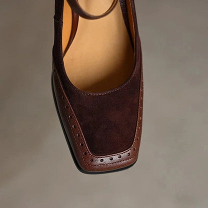 Women's Square Toe Leather Block Heel Pumps