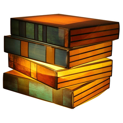 Tiffany-style stained glass lamp shaped like stacked books, glowing amber and teal tones, decorative desk night light
