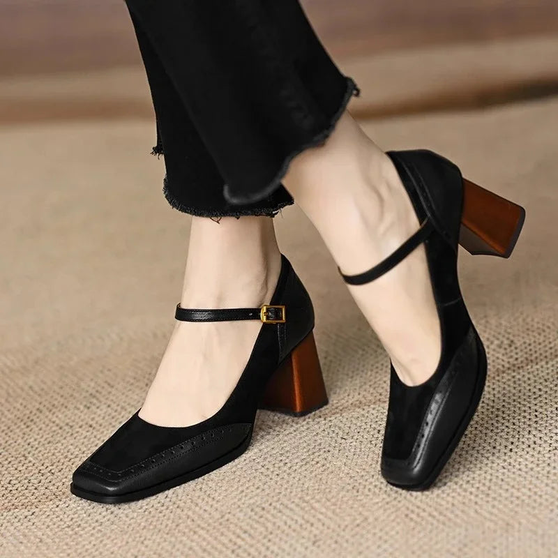 Women's Square Toe Leather Block Heel Pumps