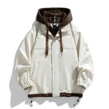 Cream zip-up hooded jacket with brown contrast hood, drawstrings, elastic cuffs, and front pockets for men.