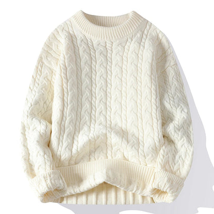 Cable knit cream wool blend pullover sweater for men with ribbed crew neck and cuffs