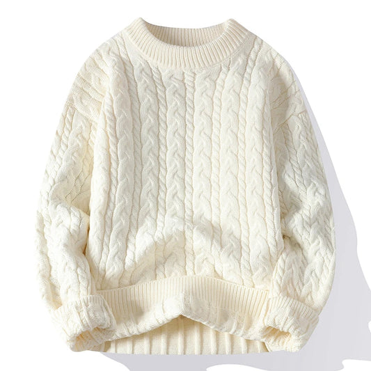 Cable knit cream wool blend pullover sweater for men with ribbed crew neck and cuffs