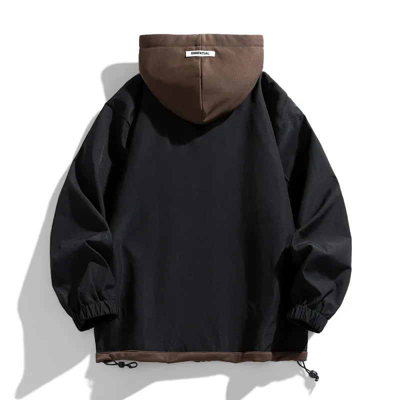 Black zip-up hooded jacket with brown contrast hood, elastic cuffs, and drawstring hem, back view