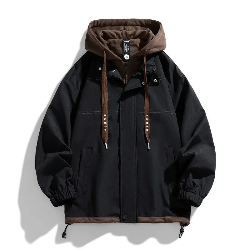 Black hooded jacket with brown trim, elastic cuffs, and zip-up front for men's casual streetwear