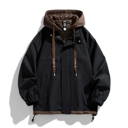Black hooded jacket with brown trim, elastic cuffs, and zip-up front for men's casual streetwear