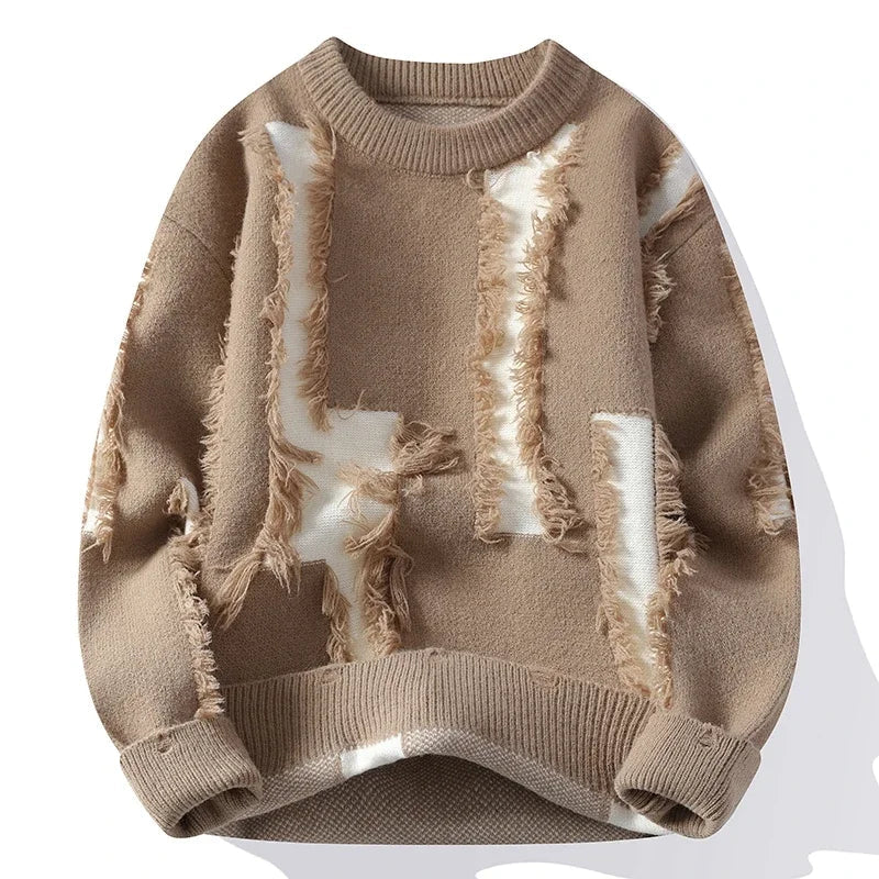 Khaki men's crewneck knit pullover sweater with white distressed frayed patch details and ribbed cuffs