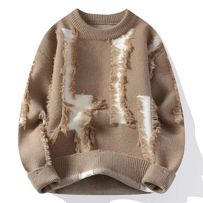 Khaki men's crewneck knit pullover sweater with white distressed frayed patch details and ribbed cuffs