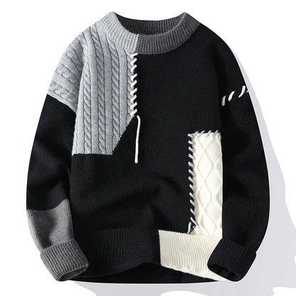 Men's Black Gray Color Block Cable Knit Wool Sweater with Contrast Stitching Details