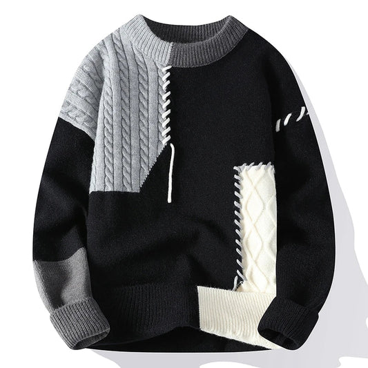 Men's Black Gray Color Block Cable Knit Wool Sweater with Contrast Stitching Details