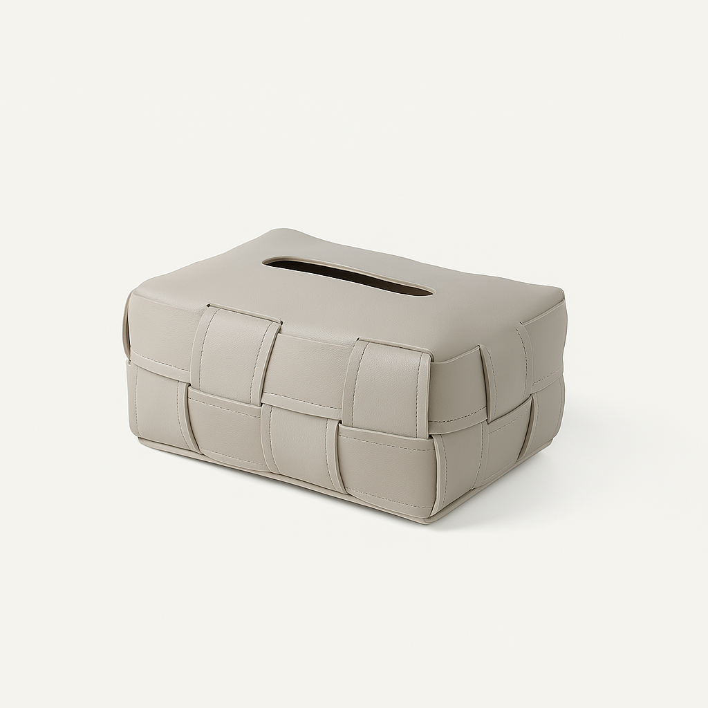 Beige woven leather tissue box cover with interlaced strap design and slim top slot opening