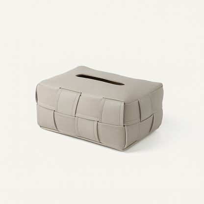 Beige woven leather tissue box cover with interlaced strap design and slim top slot opening