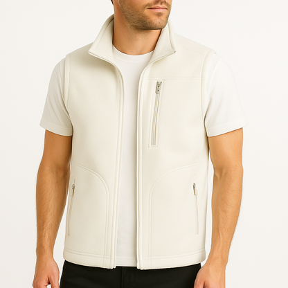 Men's cream fleece zip-up vest with chest and hand pockets on beige background
