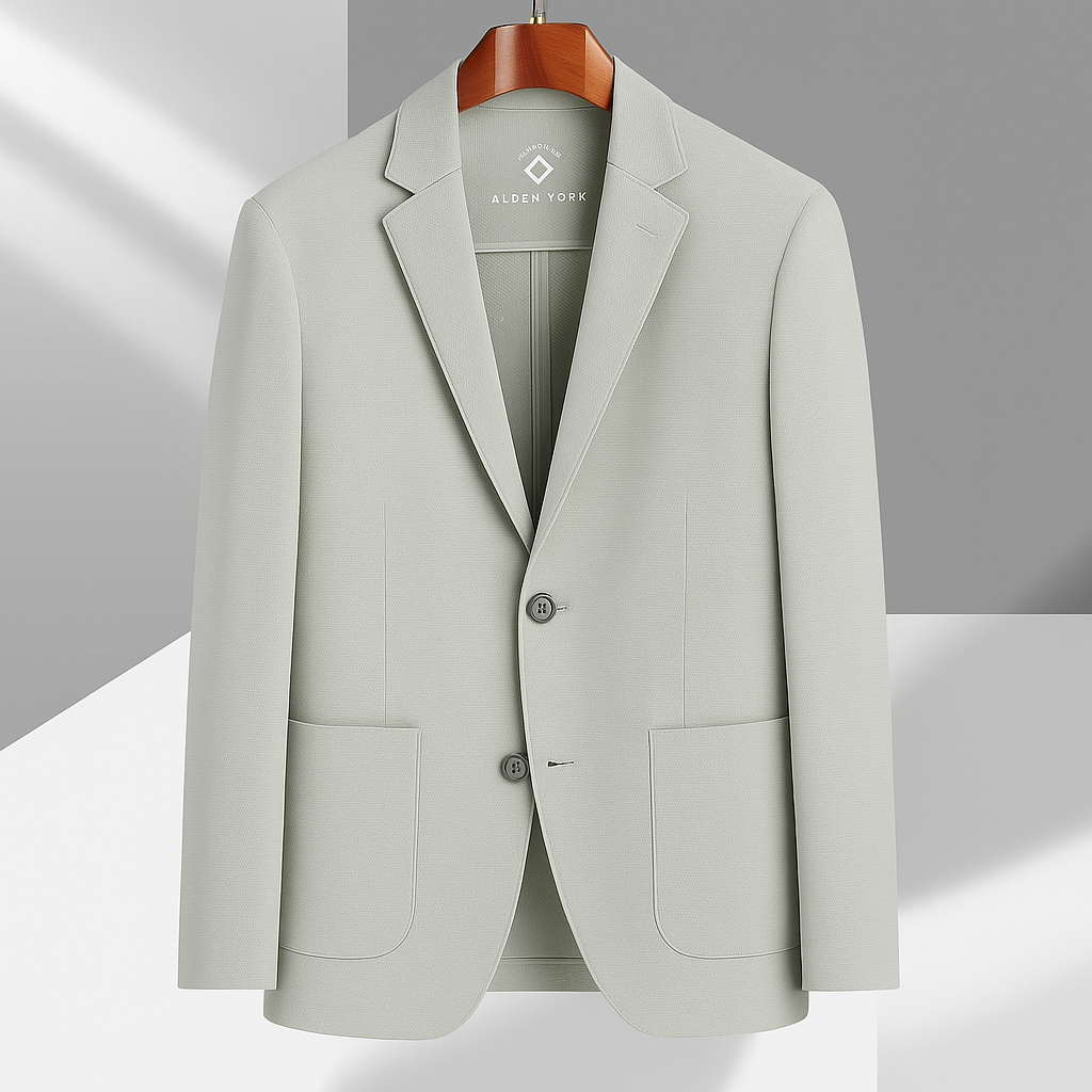 Light sage green Alden York unstructured cotton blazer with notch lapels, patch pockets, and two buttons on wooden hanger.