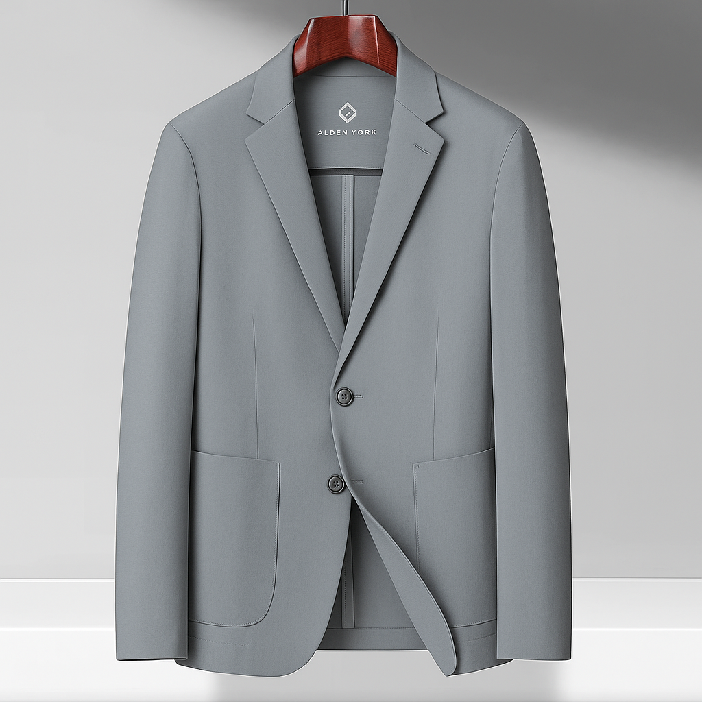 Light gray men's unstructured cotton blazer by Alden York, two-button front, patch pockets, on wooden hanger.