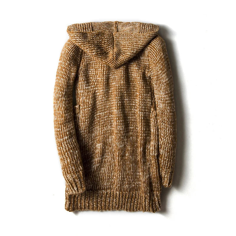 Back view of men's chunky knit hooded cardigan in brown marled wool blend with long sleeves and ribbed hem