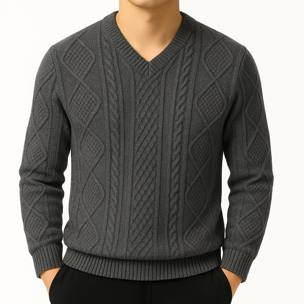 Montclair Cable Knit V-Neck Wool Sweater