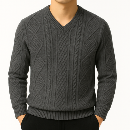 Montclair Cable Knit V-Neck Wool Sweater