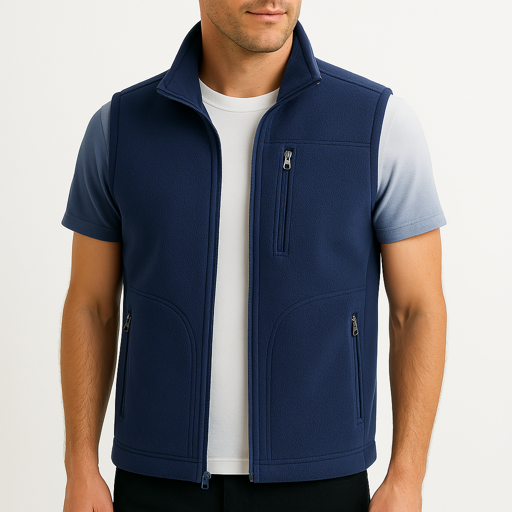 Navy blue fleece zip-up vest for men with chest and hand pockets on light background