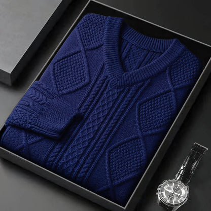 Montclair Cable Knit V-Neck Wool Sweater