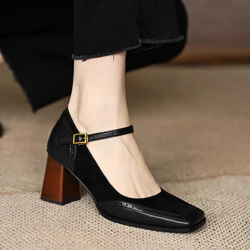 Women's Square Toe Leather Block Heel Pumps