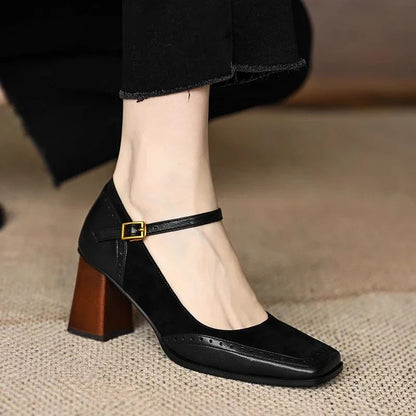 Women's Square Toe Leather Block Heel Pumps
