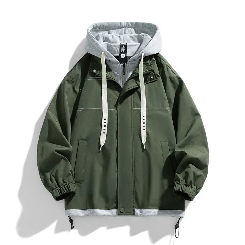 Army green men's zip-up hooded jacket with gray hood lining, elastic cuffs, drawstrings, and front pockets