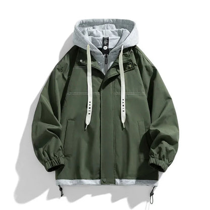 Army green men's zip-up hooded jacket with gray hood lining, elastic cuffs, drawstrings, and front pockets