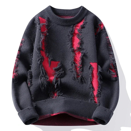 Black distressed knit pullover sweater with red frayed ripped details and crew neck for men