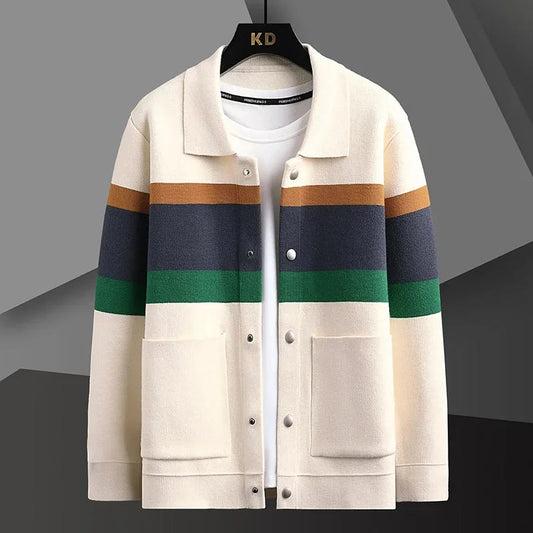 Men's striped wool blend cardigan jacket with magnetic buttons in cream, brown, navy and green colorblock design