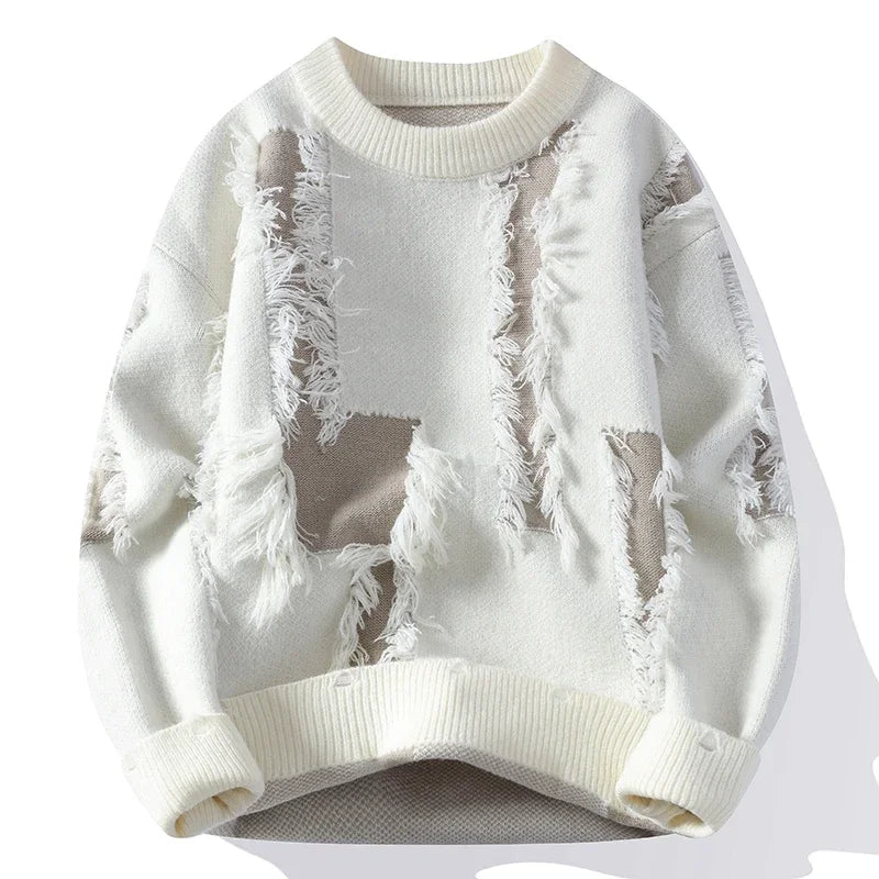 White men's distressed knit pullover sweater with frayed tassel details and ribbed crew neck and cuffs