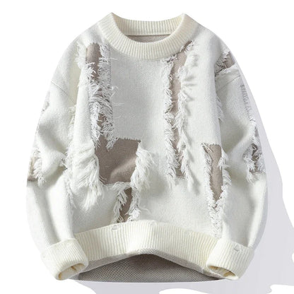 White men's distressed knit pullover sweater with frayed tassel details and ribbed crew neck and cuffs