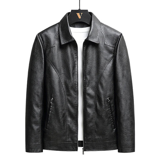 Black leather zip-up jacket for men with collar and zipper pockets on hanger