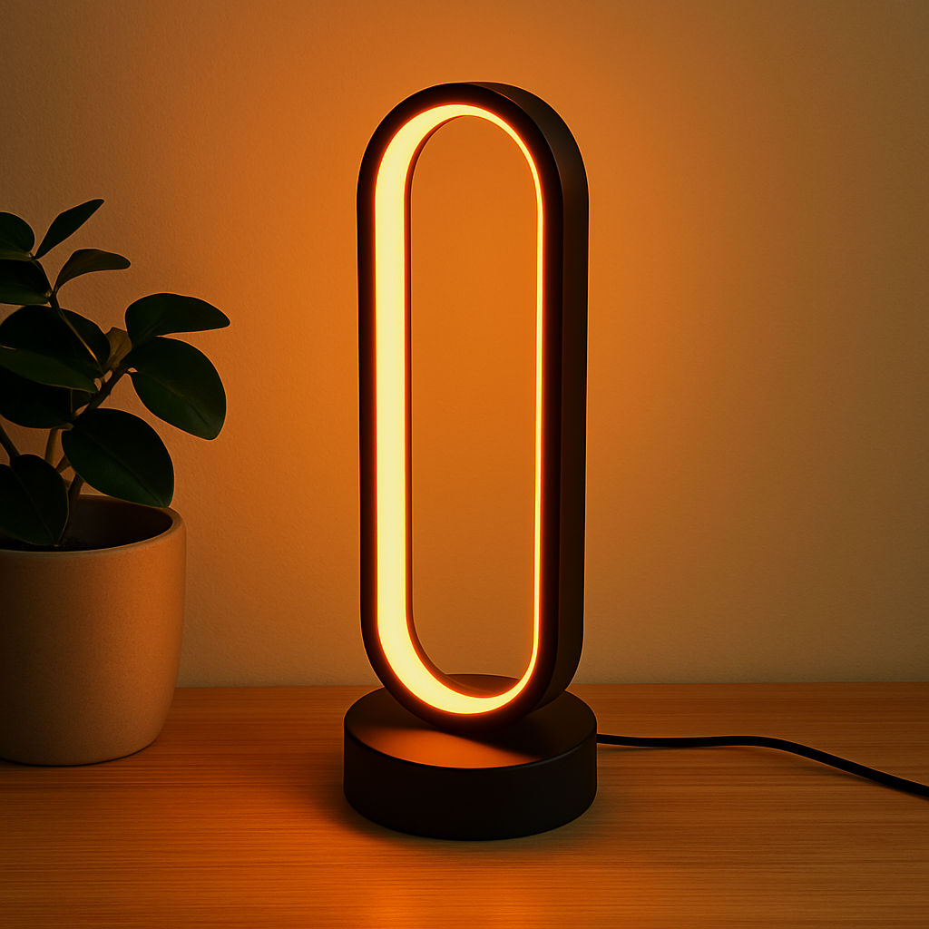 Modern LED desk lamp with warm orange glow and sleek oval loop design on wooden table with plant