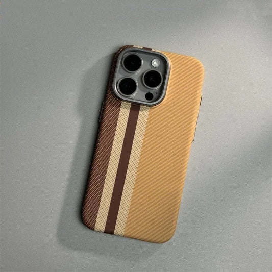 Striped textured phone case in tan brown beige with diagonal racing stripes and triple camera cutout for iPhone