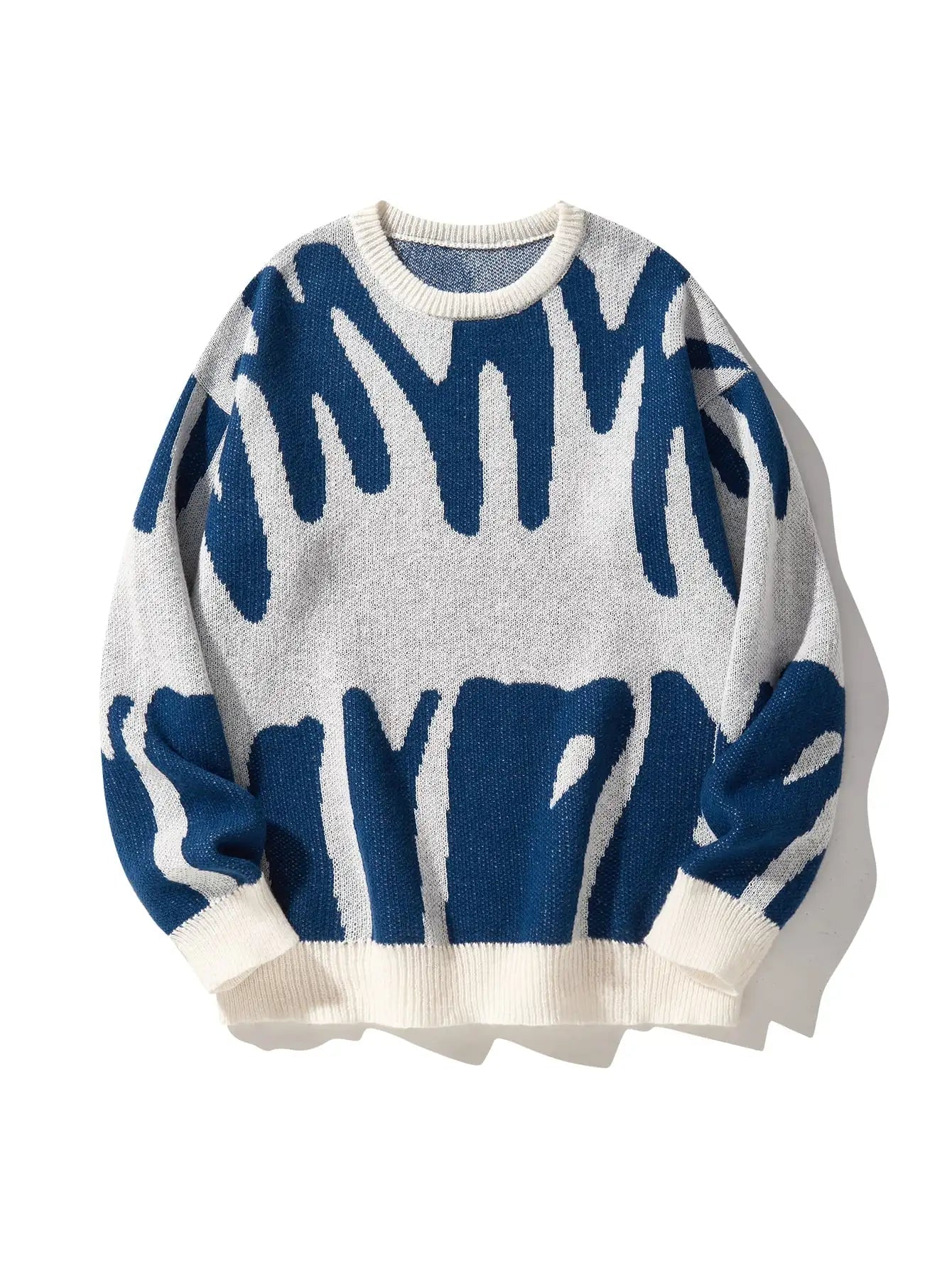 Men's oversized wool knit crewneck sweater with blue and white abstract wavy pattern and ribbed cuffs and hem