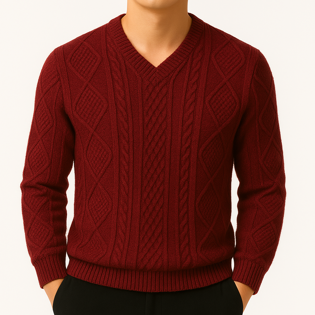 Montclair Cable Knit V-Neck Wool Sweater