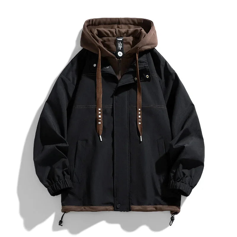 Black zip-up hooded jacket with brown contrast hood, drawstrings, elastic cuffs, and front pockets for men