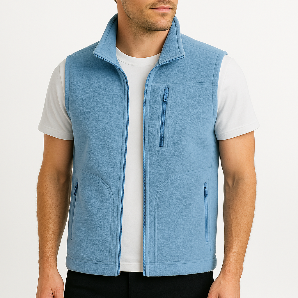 Man wearing a light blue fleece zip-up vest with stand collar and multiple zip pockets over a white t-shirt.
