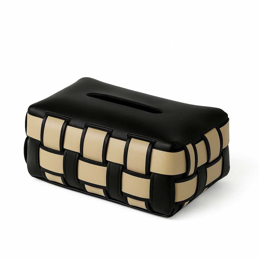 Woven leather tissue box cover in black and beige checkerboard pattern with slot opening on top